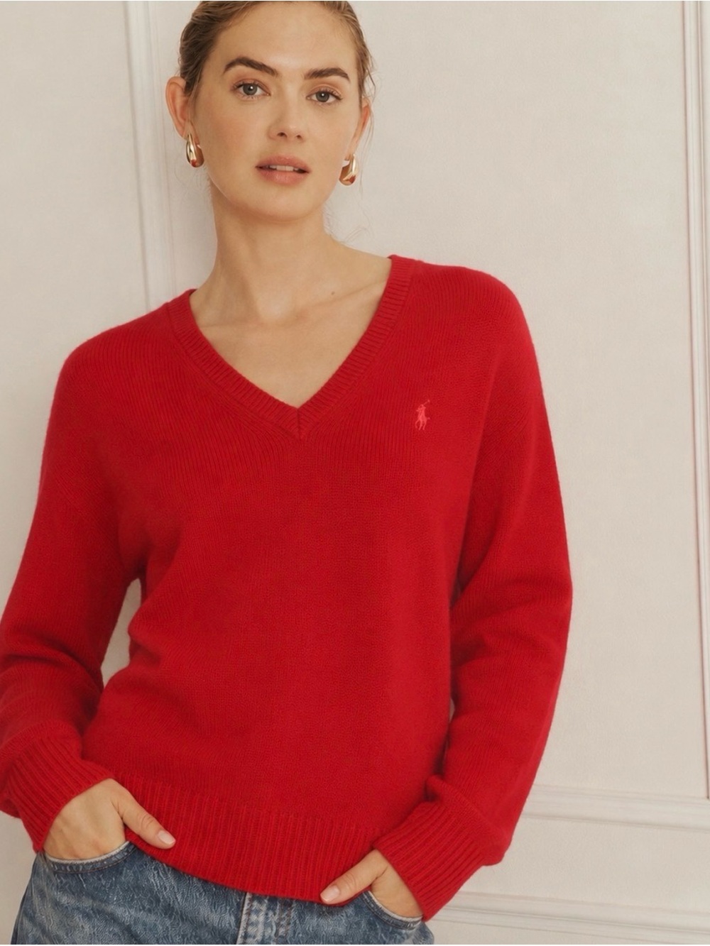 Ralph Lauren Bright Red V-Neck Knit Sweater